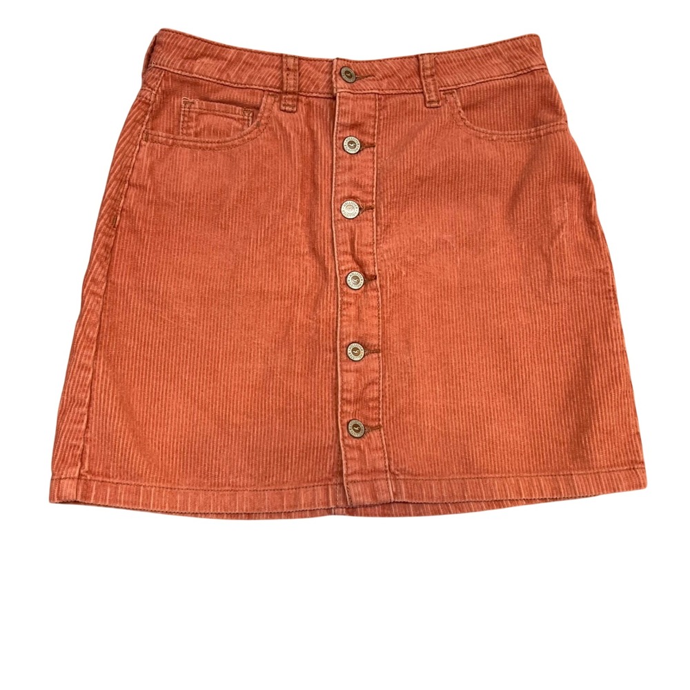 Hollister High Rise Corduroy Button Front‎ Mini Skirt Size M Orange Casual